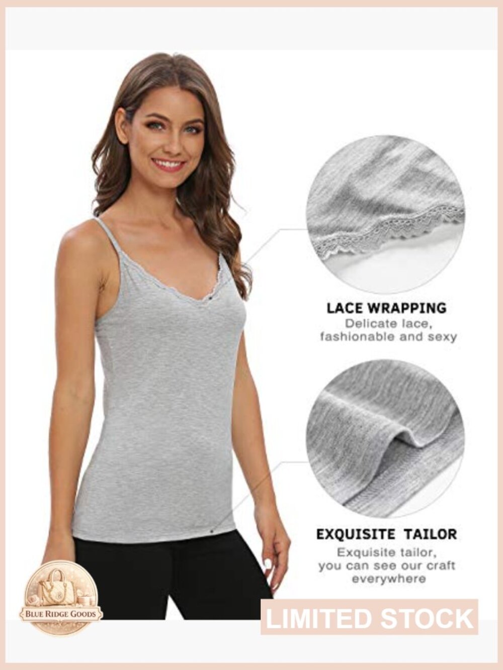 Lace Trim Camisole V-Neck Adjustable Straps Sexy Chic Layering Essential - Picture 2 of 6